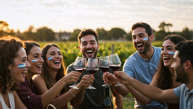 Happy Argentinian fans celebrating with a wine toast in a vineyard. A group of young friends with flags painted on their faces laughing together at sunset - Powered by Adobe