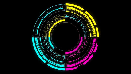 Futuristic HUD interface abstract circular display element with neon CMYK color scheme on black background