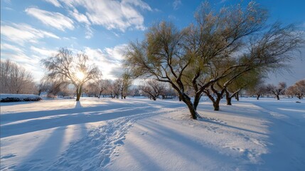 Obraz premium Winter rural wonderland landscape with golden sunlight, blue sky and beautiful snow-covered trees on a field