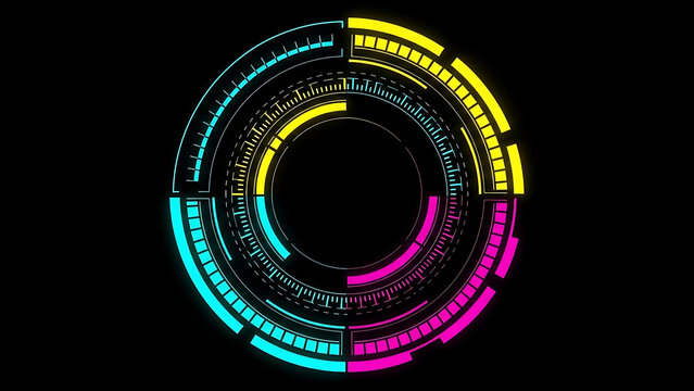 Futuristic HUD interface abstract circular display element with neon CMYK color scheme on black background