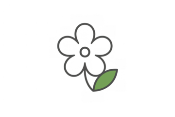 Simple line art flower icon with a green leaf, symbolizing nature, growth, and organic design on transparent background