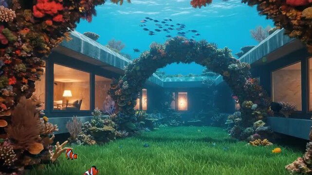 Underwater archway with coral reefs and tropical fish