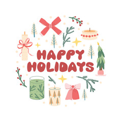 Festive Happy Holidays Celebration with Winter Elements.