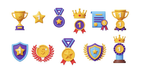 Collection of 3D Award Icons on a Black Background trophy medal isolated on a transparent background