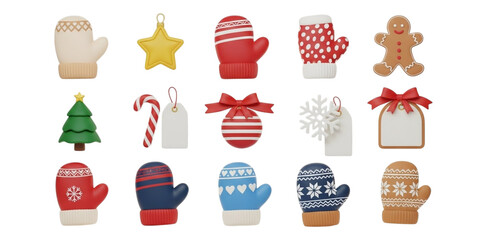 Collection of Festive Christmas Mittens, Tags, and Ornaments with Winter Motifs whisk isolated on a transparent background