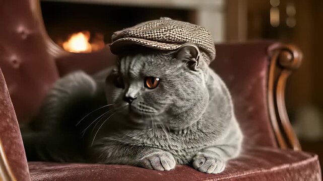 A refined British cat wearing a hat sits comfortably on a chair in front of a crackling fireplace, perfectly embodying classic refinement and sophistication, evoking feelings of tranquility.