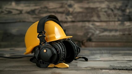 Yellow hard hat paired with protective earmuffs, symbolizing workplace well being and worker safety, resting on rustic wooden background, promoting occupational health.