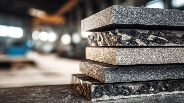 Close up of granite countertop slabs stacked in a warehouse setting