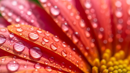 Macro close-up of vibrant pink and orange chrysanthemum petals covered in sparkling water droplets and brilliant bokeh