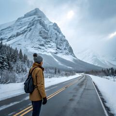 tourist standing on road near the snowy mountain