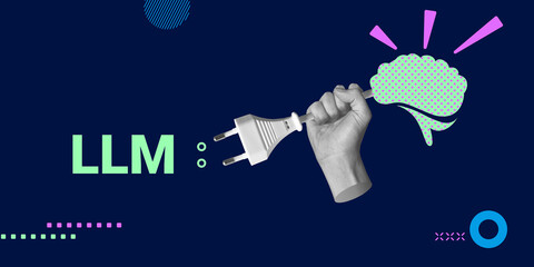 Enhancement of human performance and cognitive abilities using Large Language Model. A hand connects the brain to the LLM inscription. Minimalistic art collage