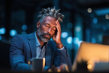 Tired businessman resting head on hand in dark office setting.