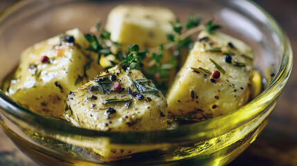 Gourmet close-up of creamy feta cheese cubes generously marinated in golden olive oil and seasoned with fresh rosemary, thyme sprigs, and mixed peppercorns in a clear glass bowl for an appetizer