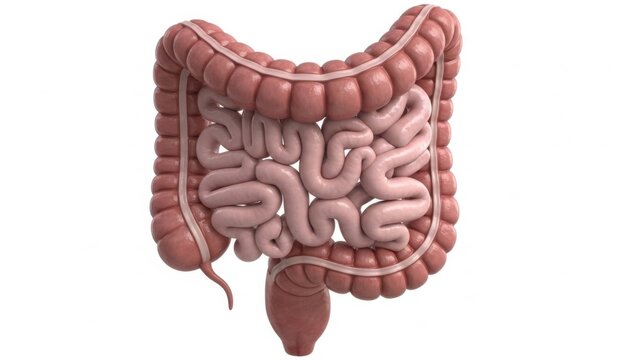 Close-up view of the human digestive system including intestines