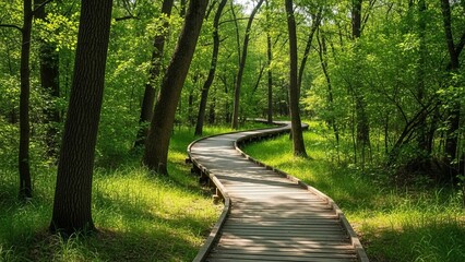 Serene wooden boardwalk winding through a lush green forest on a bright sunny day in springtime