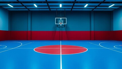 Empty indoor basketball court with blue floor and red accent wall ready for a game or practice session