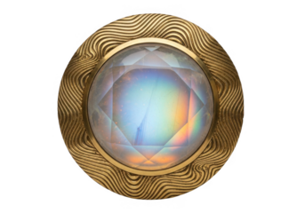 Faceted iridescent gemstone in a golden wavy frame isolated on transparent background for jewelry design, luxury decor, spiritual concepts