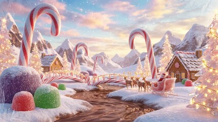 Santa claus riding his sleigh with reindeers through a magical candy village with gingerbread houses, a chocolate river, and giant candy canes during a snowy sunset, a perfect winter holiday scene - Powered by Adobe