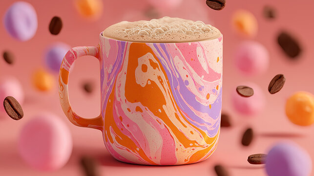 Minimalist groovy-style coffee cup mock-up with retro patterns vintage design beverage drink morning routine generated ai