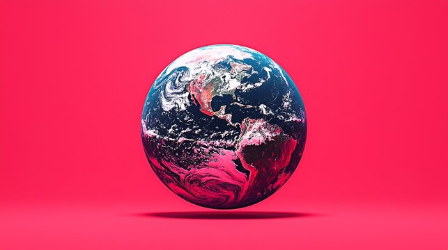 Pixelated Earth Globe on Vibrant Pink Background - Powered by Adobe