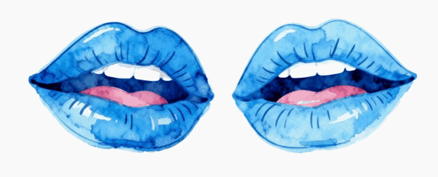 Watery Mouth Blue lips isolated watercolor vector illustration svg