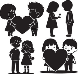 Cute kids sharing hearts and expressing love silhouette illustration set