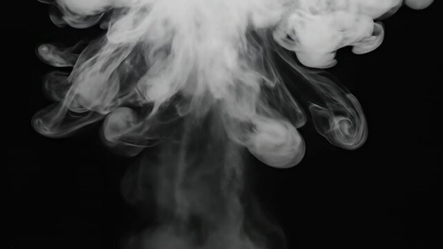 Highly detailed rising thick white smoke plume curling and dissolving against an absolute dark void background designed for seamless compositing background, rising, detailed