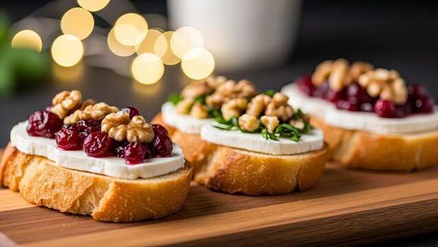 Festive cranberry brie crostini appetizers on a wooden board with bokeh lights in the background - Powered by Adobe