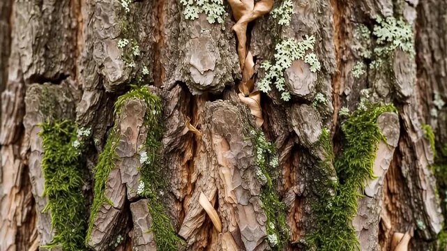 A close-up shows the textured bark of a tree, covered in vibrant green moss and delicate pale lichen. This natural, organic pattern is perfect for environmental projects, showcasing forest details, or