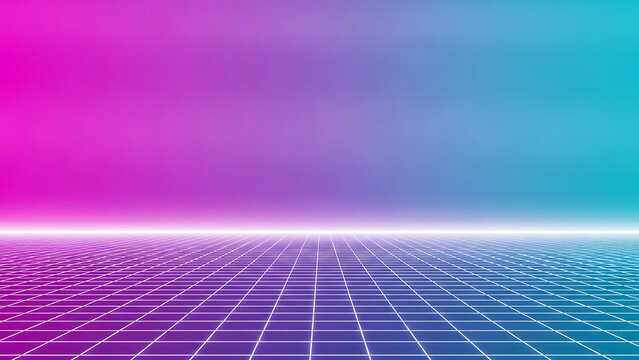 Vibrant Retro Futuristic Grid Background with Neon Gradient Colors and 80s Synthwave Aesthetics 3D Rendering. - Powered by Adobe