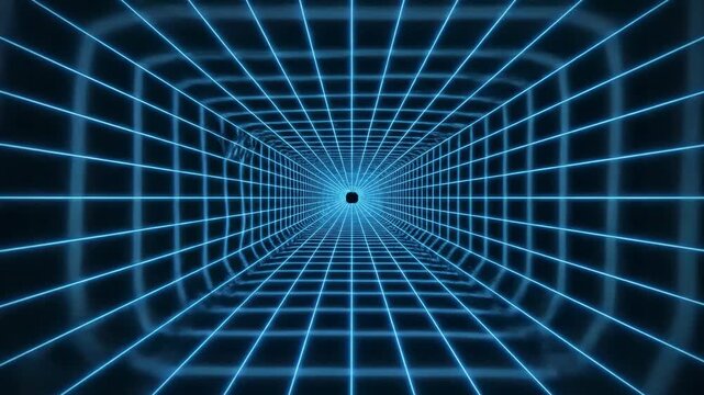 Highly dynamic neon blue digital blank wireframe grid rapidly expanding and contracting infinitely across a dark void abstract background loop virtual, dark, loop