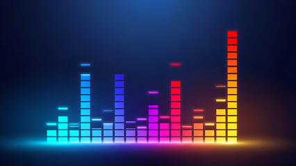 Vibrant digital sound equalizer displaying volume levels in neon colors on a dark technology background.