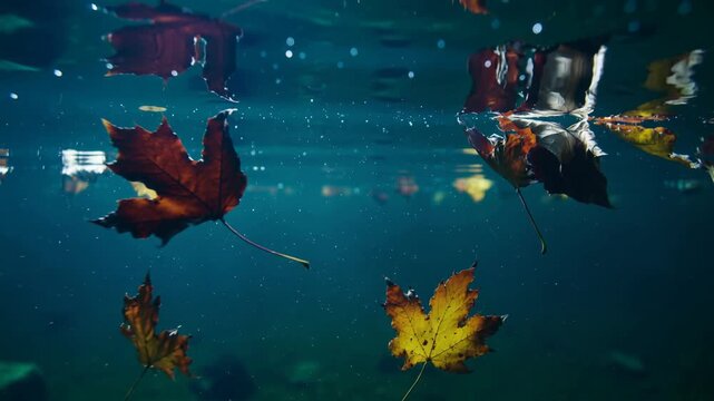 The image shows colorful autumn leaves floating in clear water. The leaves are reflected on the water's surface.