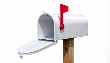 White mailbox with raised red flag on wooden post