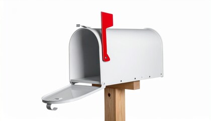 White mailbox with raised red flag on wooden post