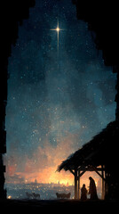 A serene silhouette of the nativity scene, capturing the sacred event under a brilliant, guiding star in a night sky. ..Created with Generative AI, not depicting real subjects.