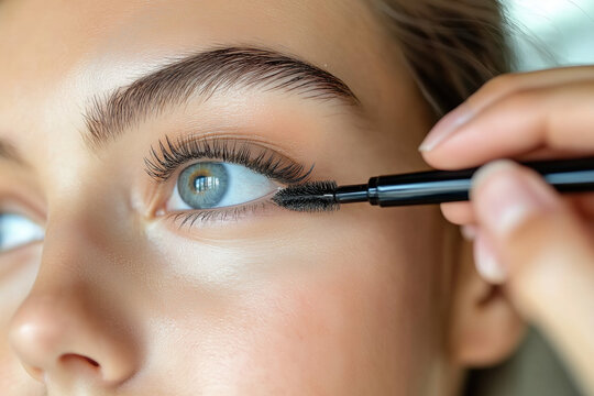 Gros plan de femme ou adolescente appliquant du mascara noir sur ses cils pour du volume, routine maquillage des yeux et beaut&eacute; du regard devant un miroir