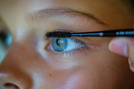 Gros plan de femme ou adolescente appliquant du mascara noir sur ses cils pour du volume, routine maquillage des yeux et beaut&eacute; du regard devant un miroir
