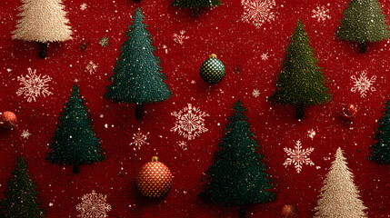 red Christmas background with snowflakes and christmas trees,seamless pattern of christmas trees and snowflakes on red background,Christmas wrapping paper, Xmas pattern with ornaments.