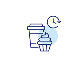 Takeaway coffee cup, cupcake and clock. Break time, breakfast and snacks at cafe. Pixel perfect, editable stroke vector icon