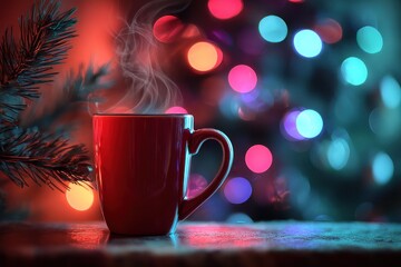 Fototapeta premium A mug filled with a hot drink sits on a table while bright lights shine during a festive season
