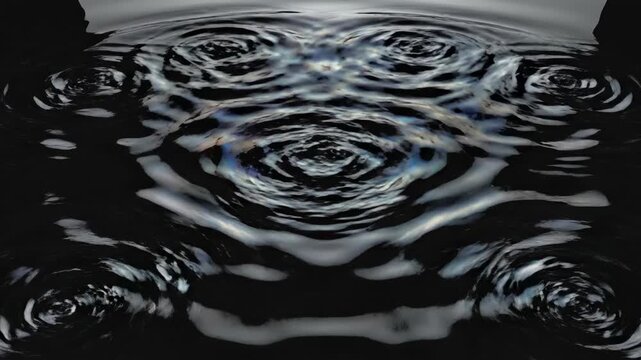 Hypnotic ripple effect spreading outward in slow motion across a smooth black surface creating symmetrical, oscillating geometric patterns waterlike, background, motion