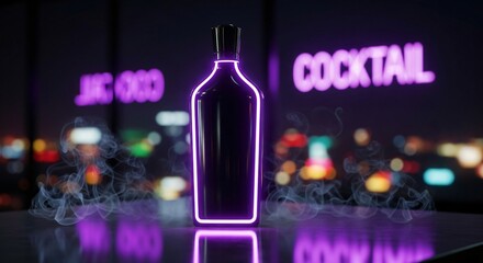 Glowing purple bottle on a reflective surface with smoke Blurred city lights and a neon 'COCKTAIL' sign at night