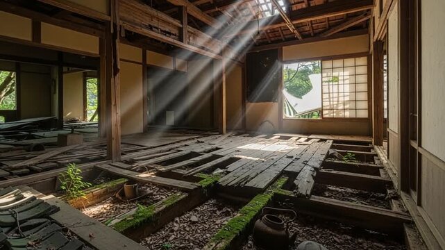 Sunlit Decay: Sunbeams cut through the dusty interior of an abandoned building, illuminating the decay and forgotten beauty within the space.