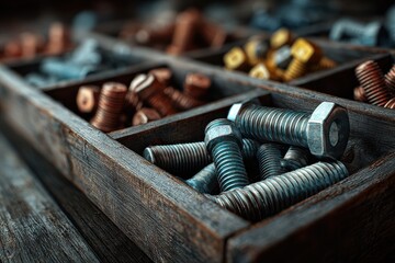 Close up of metal bolts and nuts in wooden storage box
