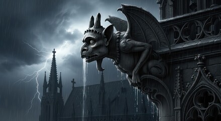 Gargoyle sentinel watching over gothic architecture amidst a stormy tempest weather