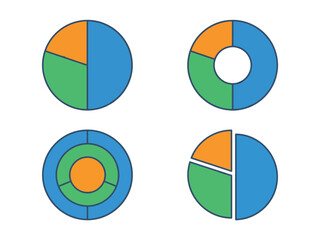Four different types of colorful circular data charts including pie and donut charts, illustrating data visualization concepts.