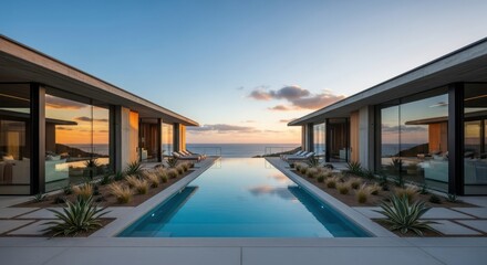 Luxury twin villas with infinity pool overlooking the ocean at sunset evoke exclusivity