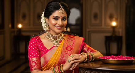 Fototapeta premium Beautiful Indian Woman Adorned in Traditional Saree and Jewelry