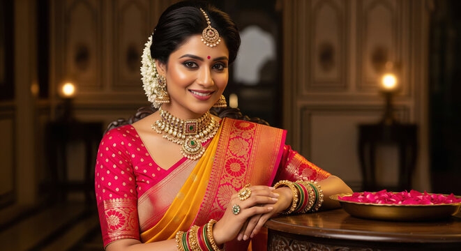 Beautiful Indian Woman Adorned in Traditional Saree and Jewelry